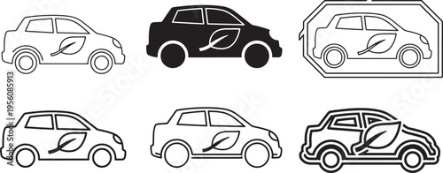 Variations of eco-friendly cars with leaf symbols in simple line drawings