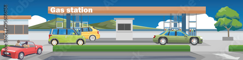 Vector illustration of a modern gas station with cars refueling. Set against a mountain landscape under a clear blue sky. Traffic conditions at the station are congested.