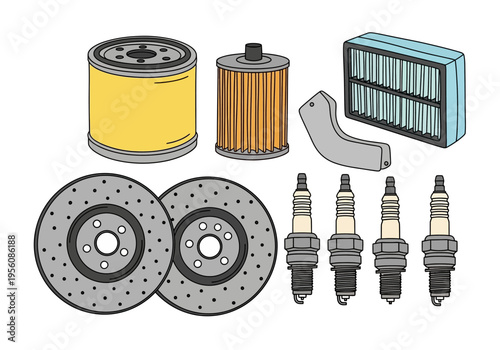 Assortment of automotive maintenance parts filters brake discs and spark plugs