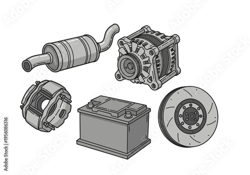 Gray scale illustration of five distinct automotive parts on a white background