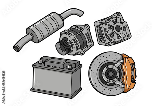 Illustration of five distinct automotive spare parts against a white background