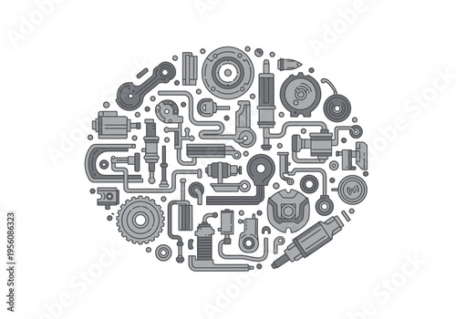 Grayscale illustration of assorted mechanical auto parts forming a circular shape