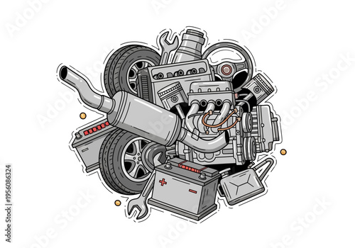 Illustration of various automotive parts piled together in a monochrome style
