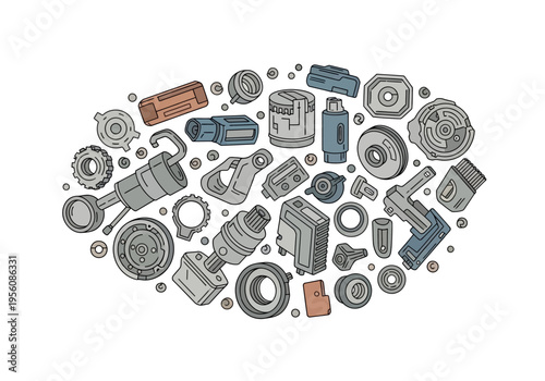 Illustration of various metallic and plastic machine or automotive components arranged in an oval cluster