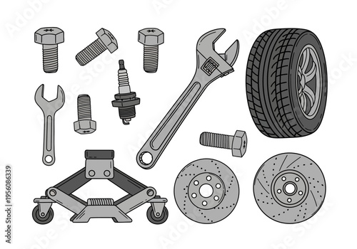 Illustration of various car maintenance tools and parts in gray tones