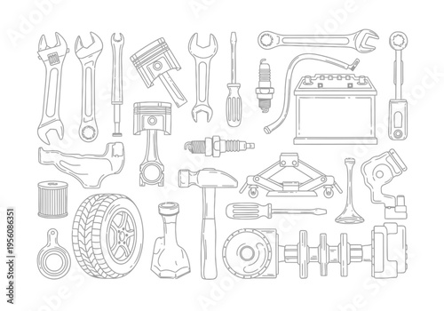 Line art drawing of various automotive tools and engine parts