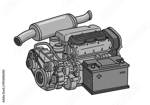 Stylized illustration of a car engine assembly with an attached battery and muffler