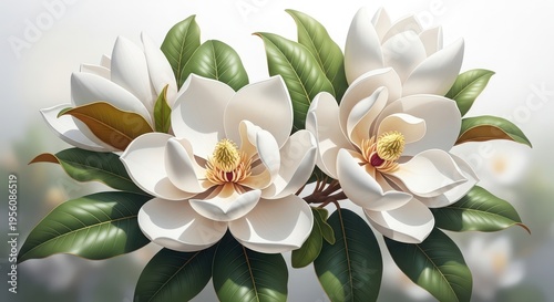 Elegant white magnolia flowers in soft natural light with green leaves close-up