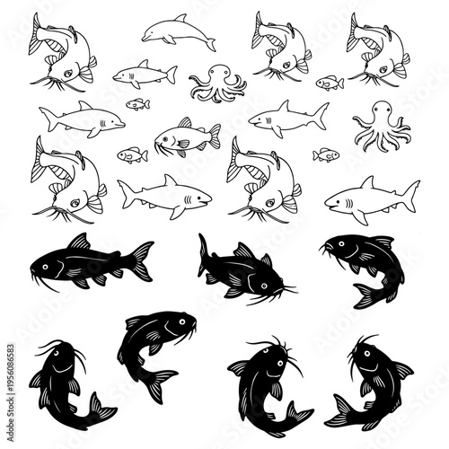 Diverse fish species silhouettes including catfish and sharks for aquatic and seafood design
