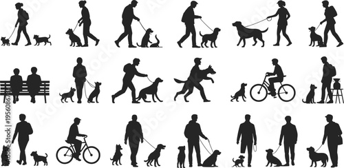 Dog walking human silhouettes collection with pets daily activities outdoor lifestyle companionship training exercise scenes, vector illustration set isolated on white background
