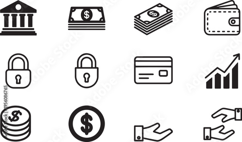 A set of vector line art silhouettes depicting various financial and banking icons in a simple style