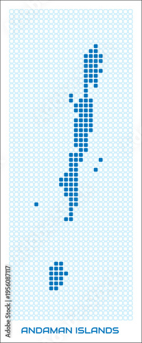 Andaman Islands digital style map with blue rounded rectangle dots. India. Dotted shape of the island. Andaman Islands blue colored map and title on white background. Awesome Vector Illustration.