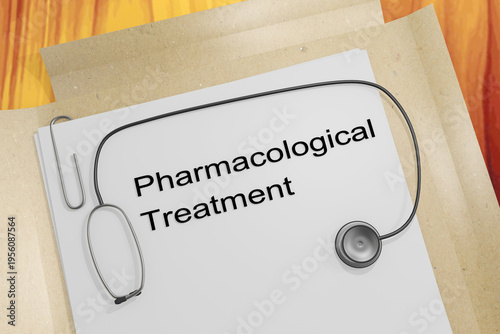 Stethoscope resting on a clipboard or folder with a document labeled pharmacological treatment, suggesting medical care, prescription therapy, and healthcare planning