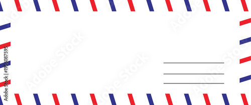 Airmail Envelope frame images with strips. International vintage letter border. Retro air mail postcard with blue and red stripes.  Empty classic postal frame. Vector illustration
