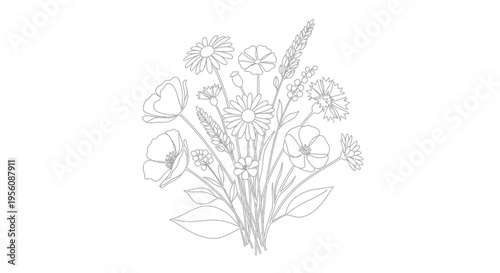 Bouquet of Various Wildflowers Drawing.