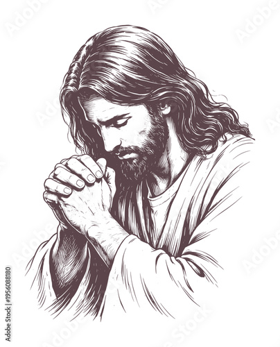 hand drawing illustration of a jesus christ in praying poses devoutly (hands clasped together)