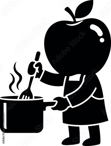 Vector illustration of apple-headed chef cooking in kitchen, black and white silhouette for culinary design