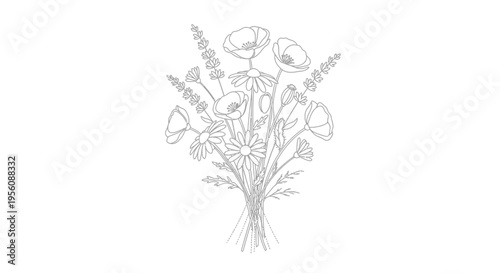 Bouquet of flowers line art drawing.