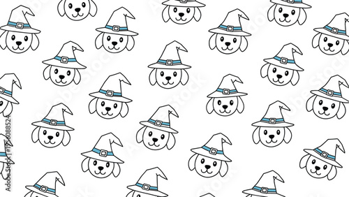 Fun seamless pattern featuring cute white dog heads wearing purple and blue witch hats for a festive halloween background.