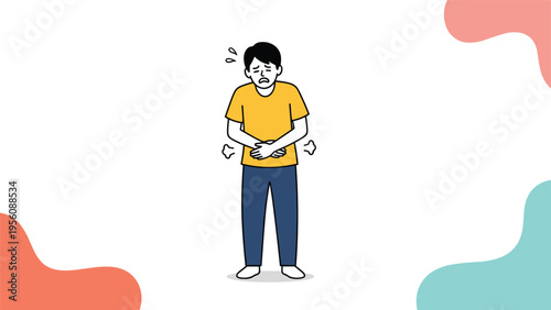 Illustration of a young man standing and holding his stomach with a pained expression, symbolizing stomach ache or indigestion.