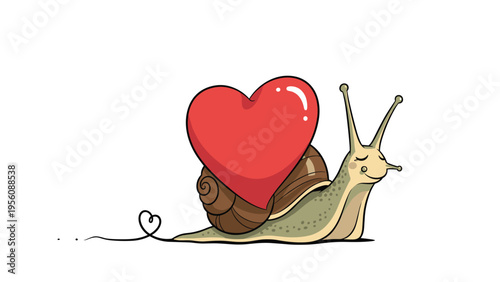 Cute cartoon snail carrying a large bright red heart on its shell, moving slowly across a white background with a trail.