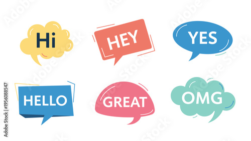 Variety of colorful modern speech bubbles with different shapes and greeting texts like hi, hello, yes, great, and omg.