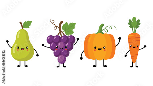 Set of happy cartoon fruit and vegetable characters including a pear, grapes, pumpkin, and carrot waving on a white background.