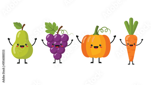 Collection of happy cartoon fruit and vegetable characters including a pear, grapes, pumpkin, and carrot on a white background.