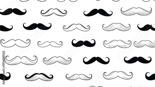 Elegant seamless pattern showing various styles of black and white mustaches, perfect for men's fashion or movember themes.