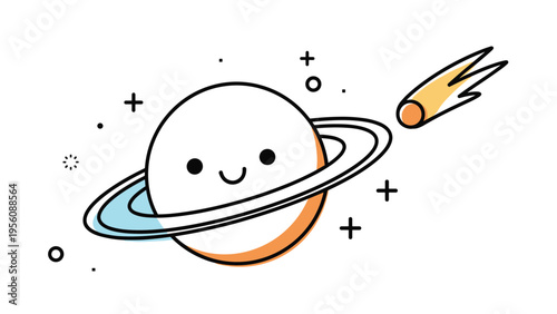 Adorable cartoon planet Saturn with a smiling face and a ring, accompanied by a small comet in a starry space background.