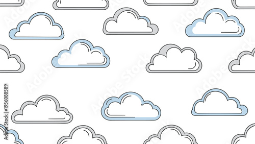 Soft and calming seamless pattern featuring various light blue and grey cloud shapes on a clean white background for sky themes.