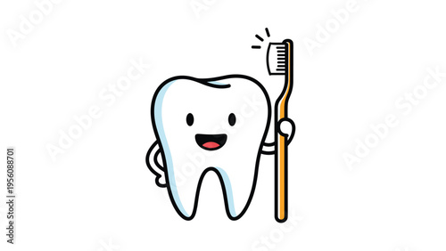 Smiling cartoon tooth character holds a toothbrush in its hand to promote dental health and proper brushing habits for children.
