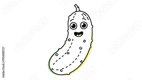 Playful line drawing of a smiling cucumber character with eyes and a mouth is shown with subtle yellow and green color accents.