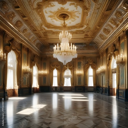 Luxurious Ballroom Interior with Gold Ornate Details and Crystal Chandelier