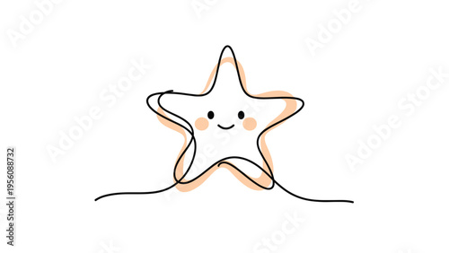 Simple hand drawn outline of a smiling five pointed star is centered on a white background with a subtle orange glow effect.
