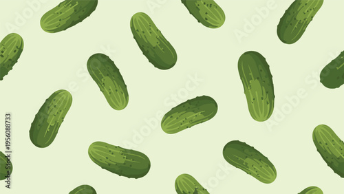 Seamless pattern of whole green pickles is scattered across a light green background for kitchen, food, or grocery store decor.