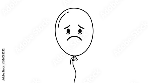 Balloon with a hand drawn sad facial expression is shown in a simple black and white line drawing floating against a white background.