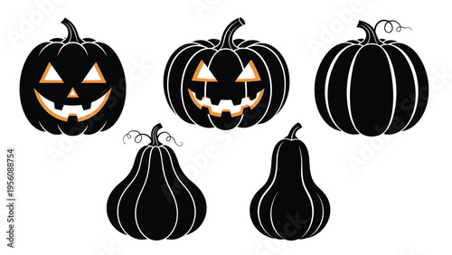 Assorted black silhouettes of pumpkins and gourds including jack-o'-lanterns with glowing faces are arranged for Halloween.