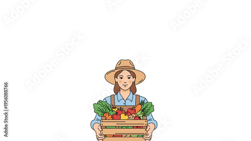 Smiling woman wearing a sun hat and denim apron holds a wooden crate overflowing with fresh organic vegetables from her farm.