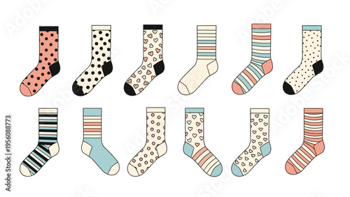 Large collection of twelve different patterned socks including dots, stripes, and hearts is displayed in a neat grid on white.