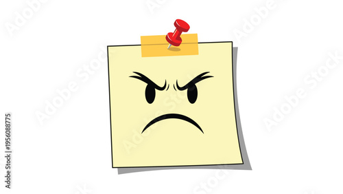Yellow sticky note with a large angry face drawing is pinned to a surface with a red plastic pushpin against a white background.