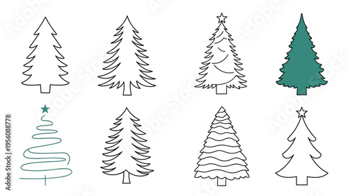 Set of various christmas tree icons and silhouettes in different styles including outline and solid green versions.