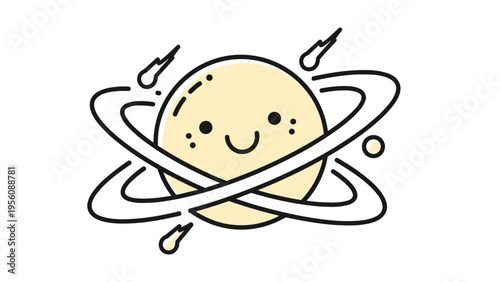 Cute cartoon planet with a smiling face and rings in outer space with small comets flying around it on white.