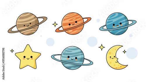 Collection of cute smiling celestial bodies including planets with rings, a yellow star, and a crescent moon.