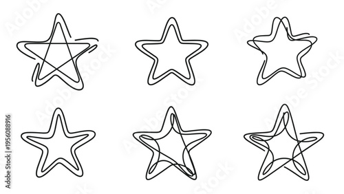 Six various hand drawn star shapes in a messy and artistic line art style on a white background.