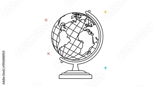 Simple line art drawing of a desk globe showing world continents on a white background with small colorful accents.