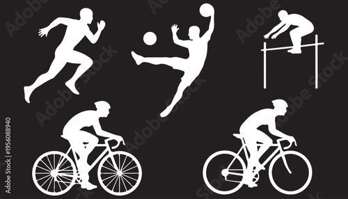 Fitness and Sport Icons: Runner, Soccer Player, High Jumper, and Cyclist Vector