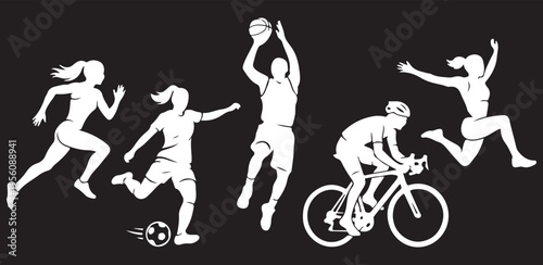 Set of Dynamic Sports Athlete Silhouettes: Runner, Soccer, Basketball, Cyclist, and Track