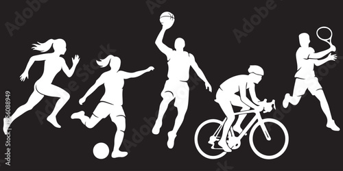 Collection of Sports Athlete Silhouettes: Runner, Soccer, Basketball, Cyclist, and Tennis Player