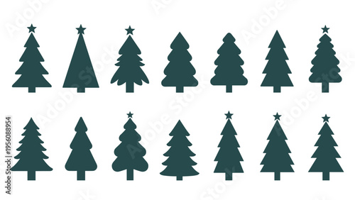 Collection of fourteen different christmas tree silhouettes in dark teal color for festive holiday decorations and cards.